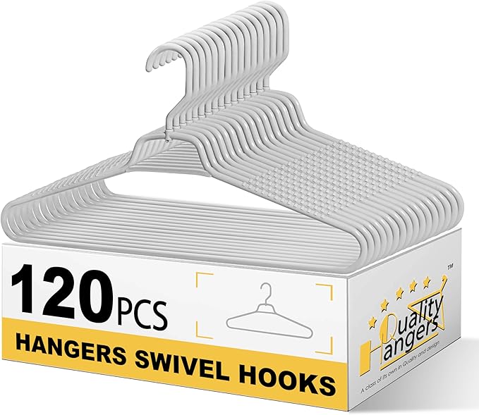 Quality Hangers Heavy Duty Gray Plastic Hangers 40-Pack with Swivel Hook | 7mm Thick Non Slip Coat Hangers with Accessory Bar | Ideal Clothes Hangers Plastic for Everyday Use | 17 Inches (120, Grey)