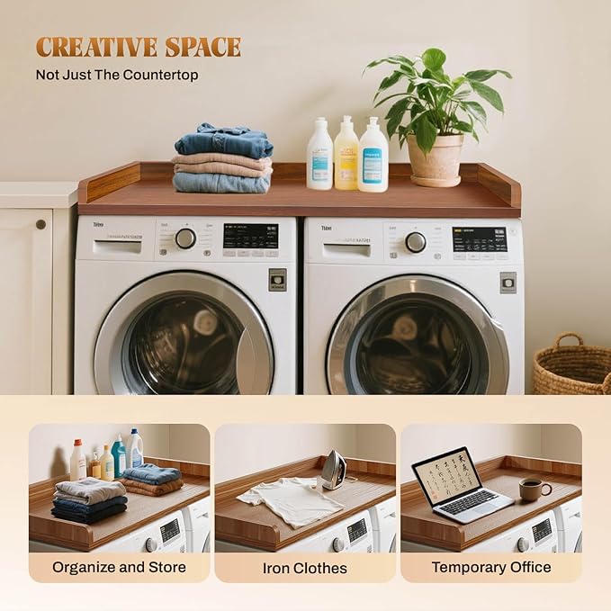 GCCSJ Washer Dryer Countertop, 54" Width x 27.5" Depth Wood Laundry Topper with Edge & Non-Slip Pads for Laundry Room Organization Storage & Clothes Folding, Walnut
