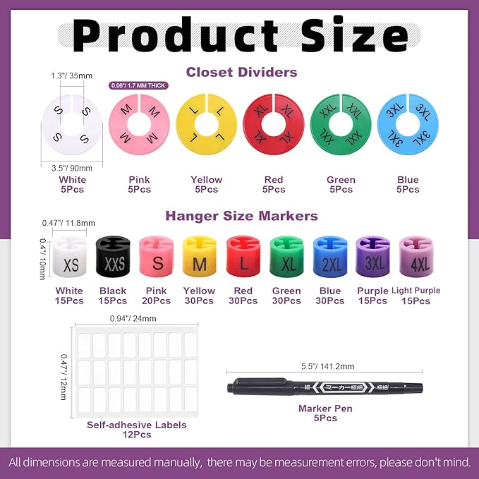 Swpeet 236pc 9-Size Plastic Hanger Markers with Color-Coding Tags for XXS-4XL Clothing Hangers