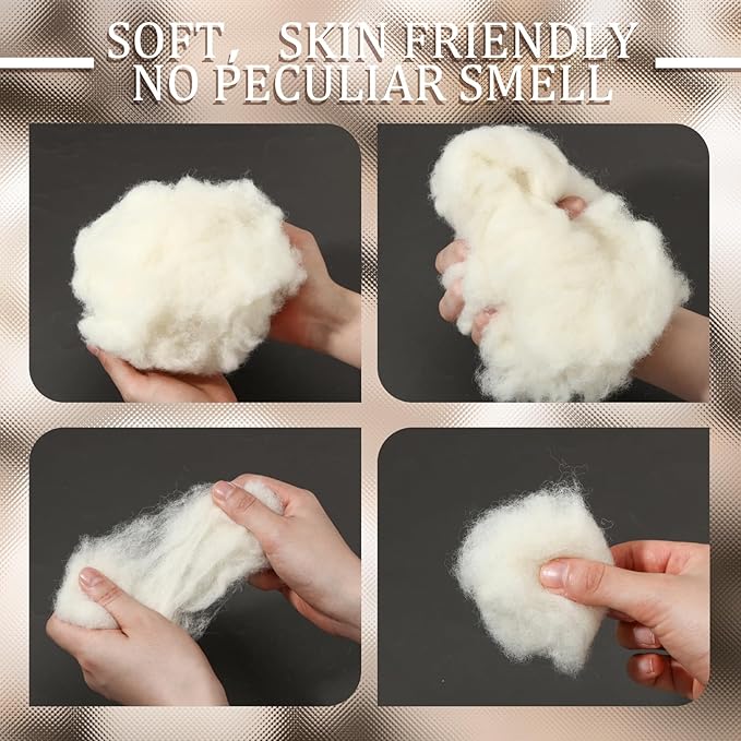Newwiee Clean Wool Batting Stuffing for Stuffed Animals Roving Wool Felting Filler for Crafts Needle Cushions Pillow Knitted Stuffed Toys Animals Blending and Dryer Balls, Natural White(1.1 lb)