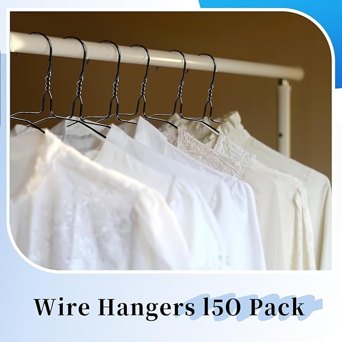 150 Pack Wire Hangers 15.9 Inch 13 Guage Wire Metal Dry Cleaner Hangers Bulk Thin Space Saving Suit Holder for Coats, Shirts, Suits, Pants, Skirts (Black)