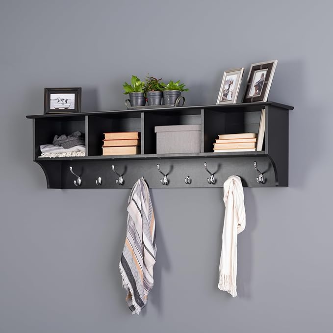 Pemberly Row Wall Hanging Coat Rack, 60 in Wide, Black Laminate Finish, 5 Large and 4 Small Hooks, 4 Storage Compartments, Mudroom or Entryway Organizer
