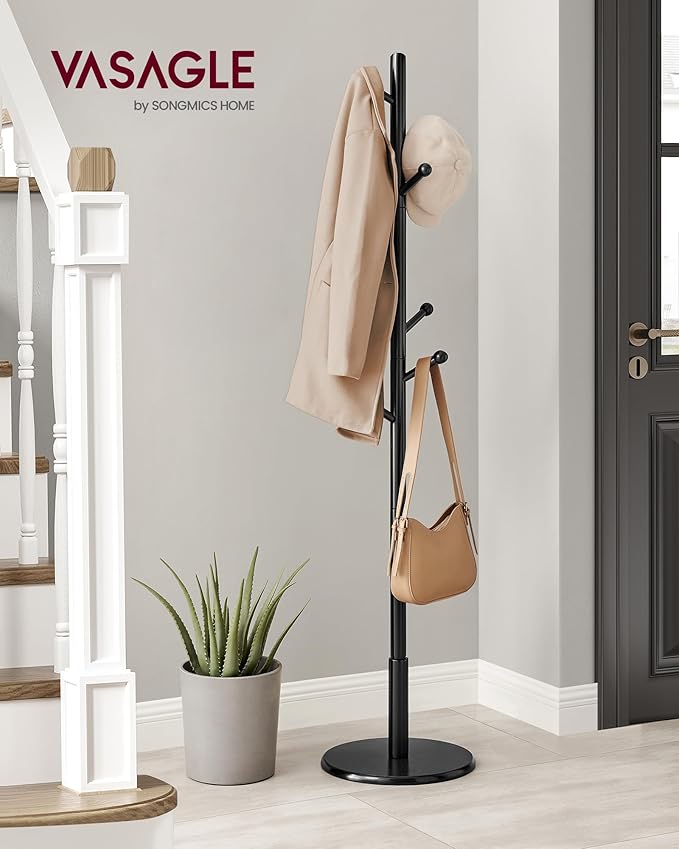 VASAGLE Solid Wood Coat Rack, Free Standing Hall Coat Tree with 8 Hooks, 3 Height Options, for Coats, Hats, Bags, Purses, for Entryway, Hallway, Rubberwood Hooks and Pole, Ink Black URCR007P33