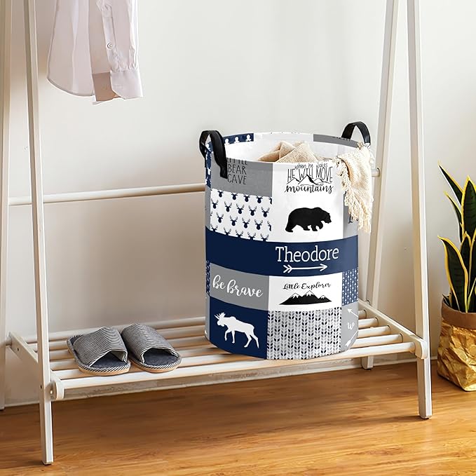 Large Custom Name Laundry Hamper, Woodland Bear Personalized Dirty Clothes Hamper Storage Basket with Name for Bathroom Bedrooms, Customized Name Circular Hamper with Handles for Baby Boys Girls