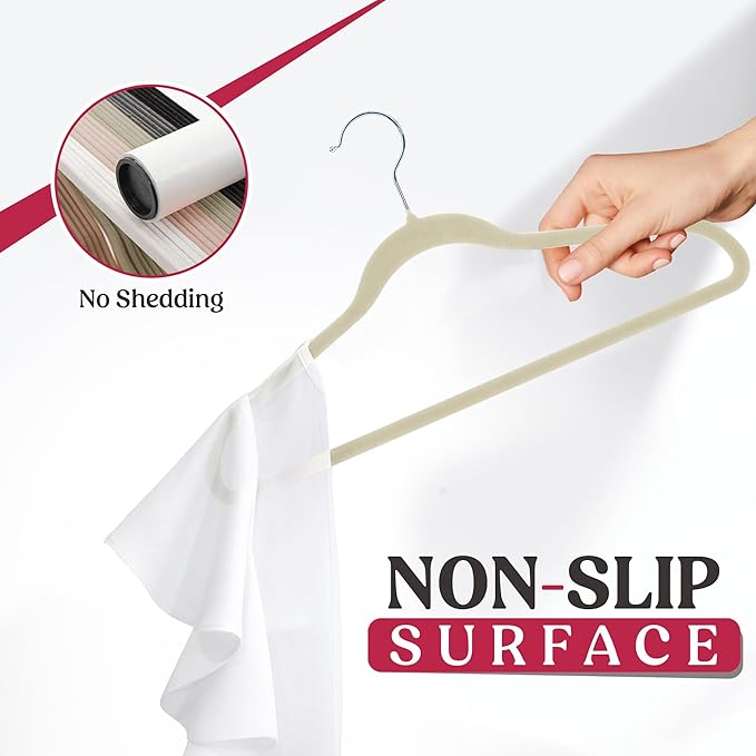 LDC Ivory Velvet Hangers 50 Pack - Premium Non-Slip Clothes Coat Pants Felt Hanger for Closet - Heavy Duty Space Saving 360° Swivel Hook Hangars - Ivory