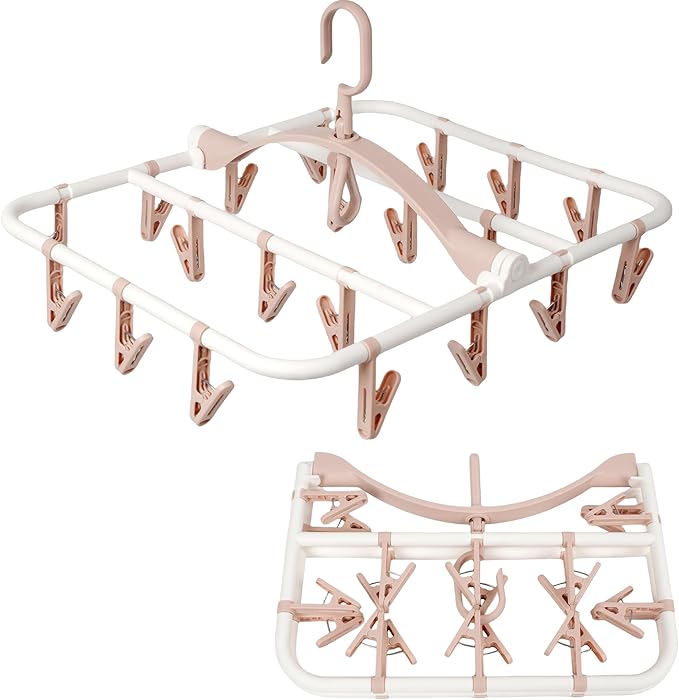 Clothes Drying Racks Foldable Clip Hangers Drip Hanger Plastic with 20 Drying Clips (Light Pink-Rectangle)