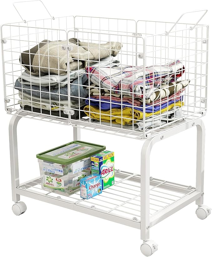 2-Tier Rolling Laundry Basket Cart with Wheels,Bathroom Laundry Hamper Cart with Handle and Divider,Multi-Purpose Storage Organizer for Laundry Room, Bathroom, Kitchen, Bedroom