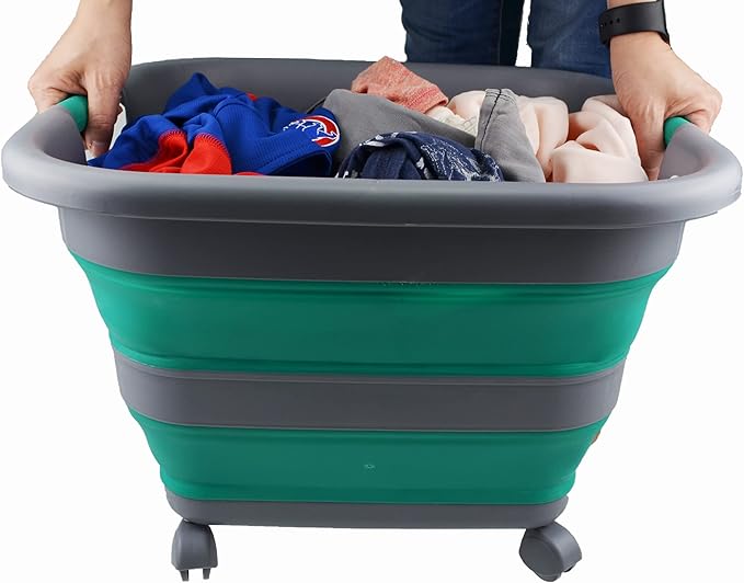 SAMMART Collapsible Plastic Laundry Basket with Wheels 39L (10.3 Gallons) -Foldable Pop Up Storage Container for Laundry, Camping & Home (1, Dark Grey/Bluish-Green)