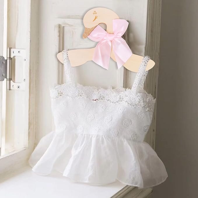 Wooden Swan Hangers with Pink Satin Bows, Gold Glitter Accents, 10 Pieces, Nursery Decor for Baby Shower，Suit Hangers- Girls Bedroom Closet Decorations,Kids Hanger with Bow,Baby Clothes Storage
