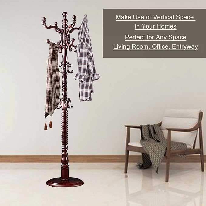 Coat Rack Freestanding, Wooden Coat Tree Stand with 14 Hooks, Easy Assembly with Stable Disc Base for Bedroom, Hallway, Entrance Office for Hats, Coats, Scarves (Mahogany color)
