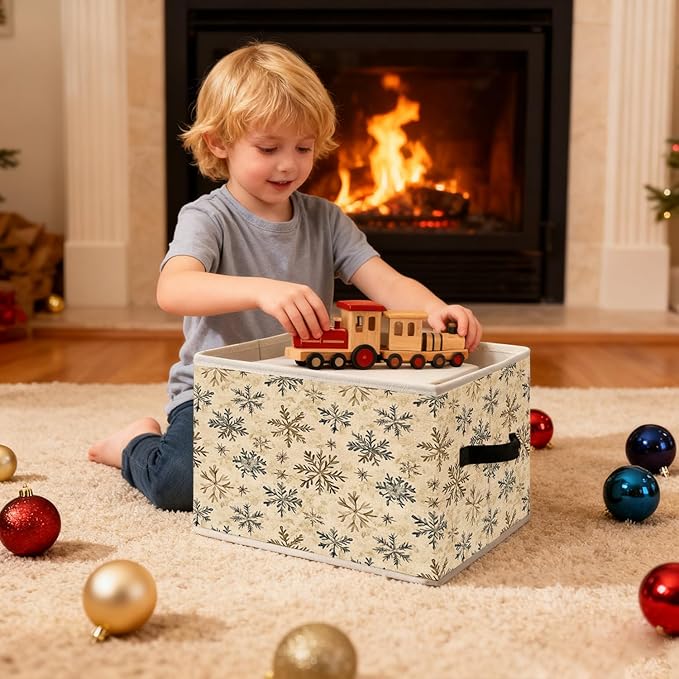 Vintage Winter Snowflake Neutral Christmas Storage Bins, Rustic Holiday Winter Christmas Foldable Closet Organizers Storage Basket Toybox for Clothes Bed Sheets Blankets Toys