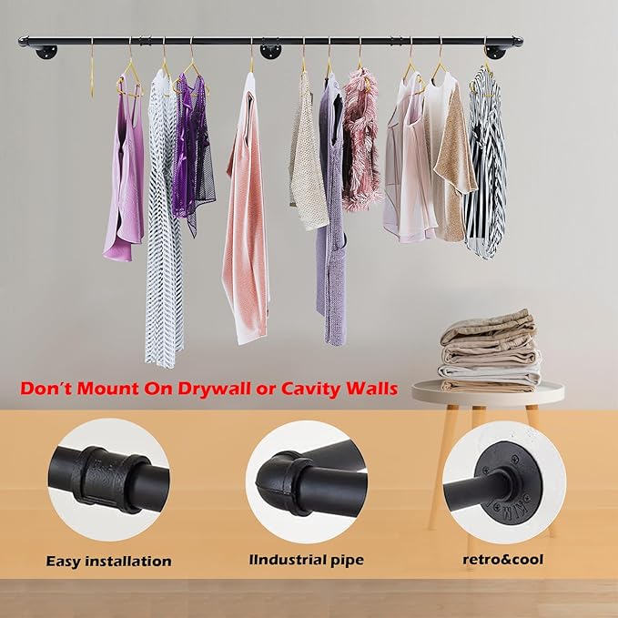 Industrial Pipe Clothes Rack Set of 2, Heavy Duty Detachable Iron Garment Rack Wall Mounted, Rustic Saving Space Clothes Bar Multi-Purpose Hanging Rod for Bedroom, Closet, Black (72.5 Inch)