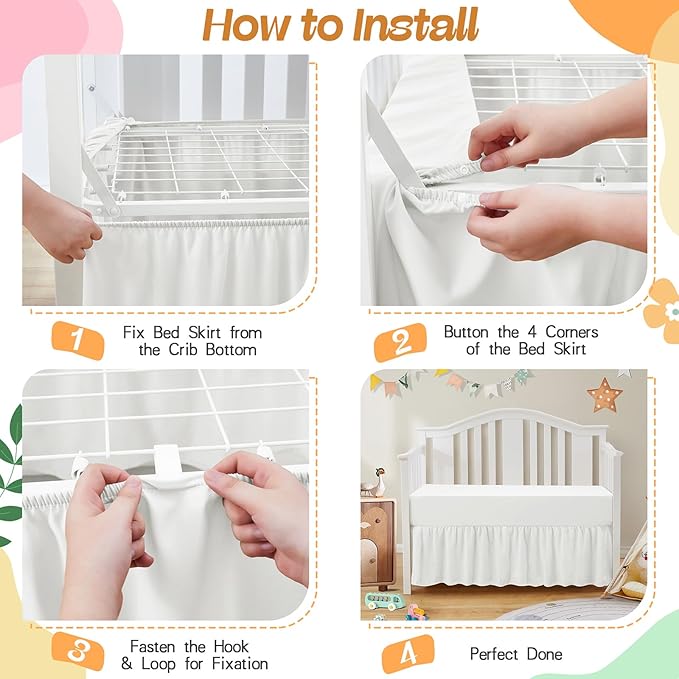 SiinvdaBZX 2-Piece Set Ruffled Crib Skirt & Microfiber Crib Sheet, Fit for Baby Standard Crib & Nursery Toddler Bedding, 52"x28" + Adjustable Elastic 14" Drop (White)