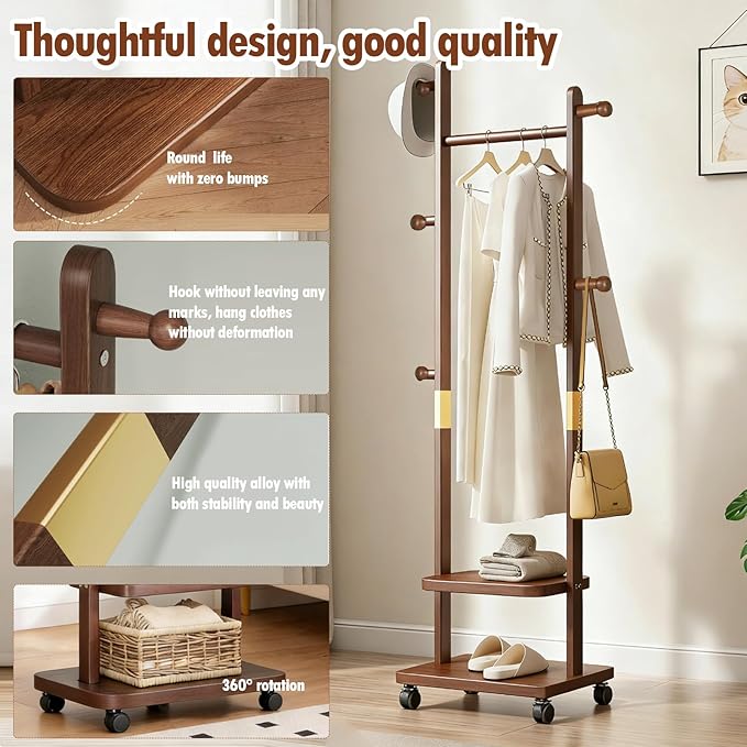 Solid Wood Coat Rack for Entryway Bedroom Corner 2-Tier Freestanding Clothing Stand with Wheels & 5 Hooks & Storage Shelves Heavy Duty Rolling Clothes Rack with Hat Hanger