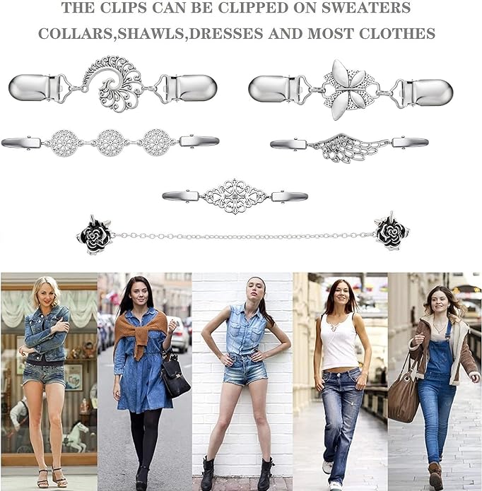 Vintage Sweater Clips Shawl Dresses Shirt Clips Retro Cardigan Collar Chain Clips Brooch Pins for Women