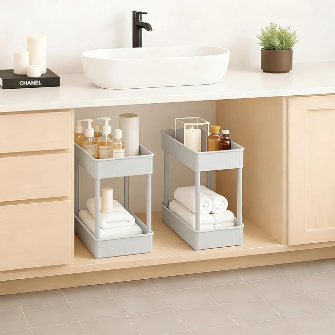 ShellKingdom 4 Tier Bathroom Storage Organizer, Slim Rolling Storage Cart for Narrow Space, Mobile Shelving Unit with Lockable Wheels and Hooks for Bathroom, Kitchen, Laundry Movable Shelf (Grey)