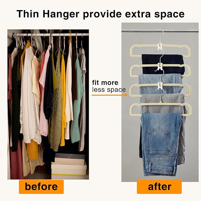 60sets/120pcs Velvet Pants Hangers Non Slip Beige Felt Hangers with 60 Cascading Hooks, Space Saving 360 Degree Swivel Hook Closet Organizer for Jeans, Trousers, Leggings, Tank Top, Shorts and Skirts