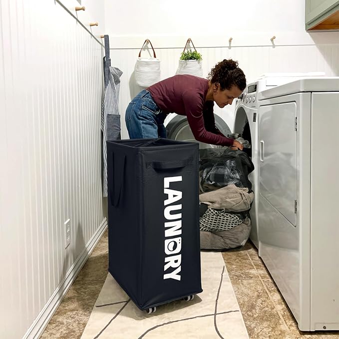 CHICVITA 2 Pack Laundry Hamper with Wheels & Removable Wash Bags, 75L Tall Laundry Basket for Dorms, Large Collapsible Hamper for Corner Spaces - Black