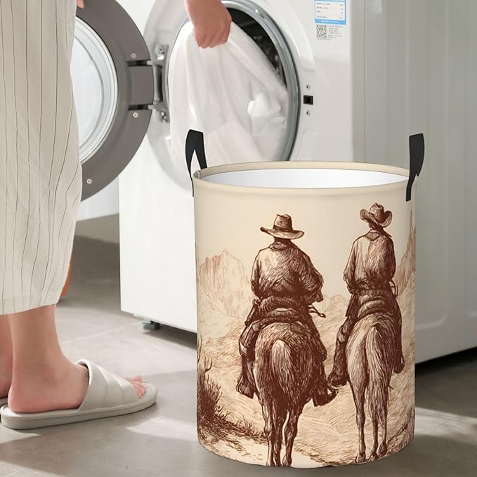 Western Cowboy Laundry Basket, Oxford Cloth Funny Laundry Hamper Clothes Storage Bucket Organizer For Bathroom/Laundry Storage/Bedroom 19.6x15.7 Inch