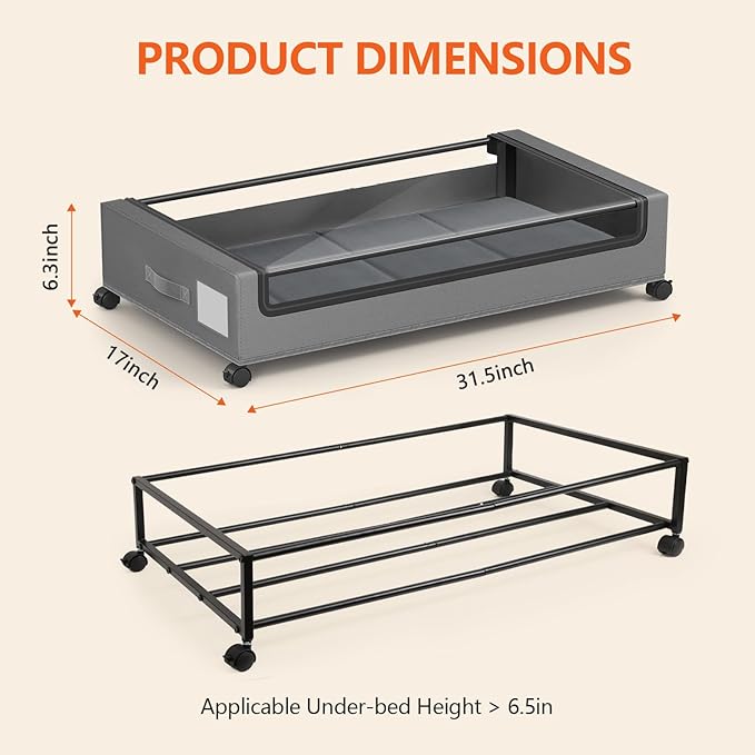 Under Bed Storage Containers with Wheels - Foldable Organizer Bins for Blankets, Clothes, Shoes, Toys, and Comforters.Capacity, Space Saving, Easy Pull Out, Clear PVC (Gray-2)