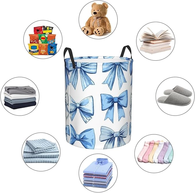 Cute Blue Bow Print Laundry Basket For Storage Bins Gift Baskets Bedroom Clothes Hamper