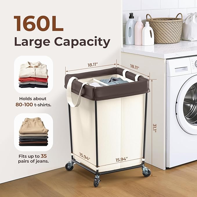 160L Laundry Basket with Wheels, 2 Section Large Rolling Laundry Hamper Bag with Wheels, Clothes Hamper Cart for Laundry, Bedroom, Bathroom and Dorm