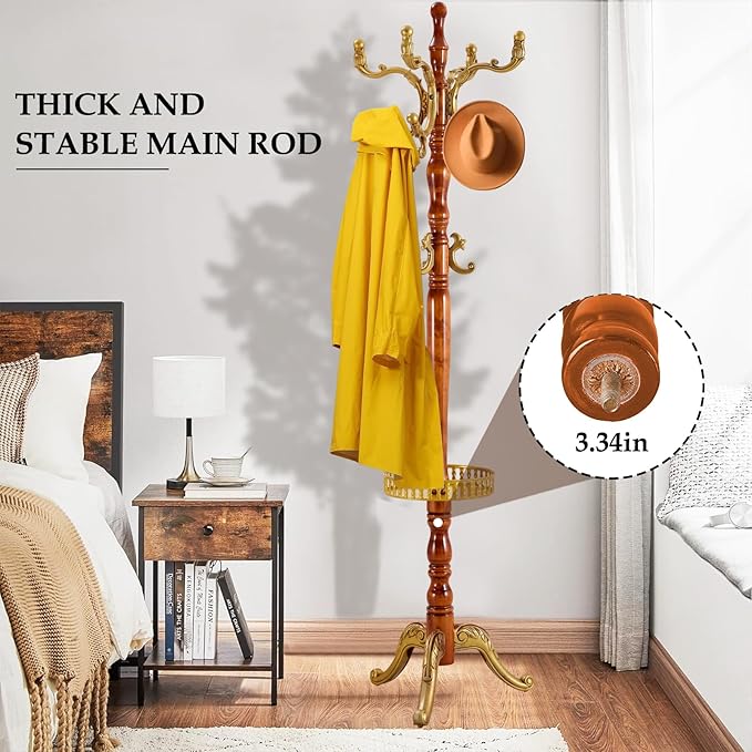 Wood Coat Rack Freestanding, Natural Coats Tree Stand with 14 Hooks, 73" Sturdy and Easy Assembly Coat Rack Stand for Entryway, Hallway, Bedroom, Bags, Hats (With storage tray-Golden)