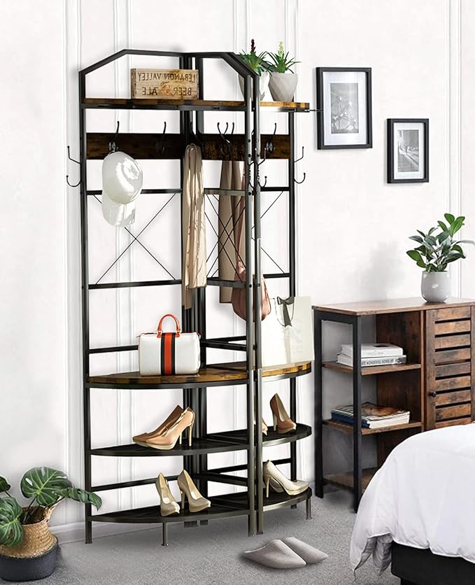 DKLGG 4-Tier Corner Coat Rack with Storage for Entryway, Farmhouse Corner Hall Tree with Bench and 6 Metal Hooks, Freestanding Clothes Rack for Home Office Bedroom