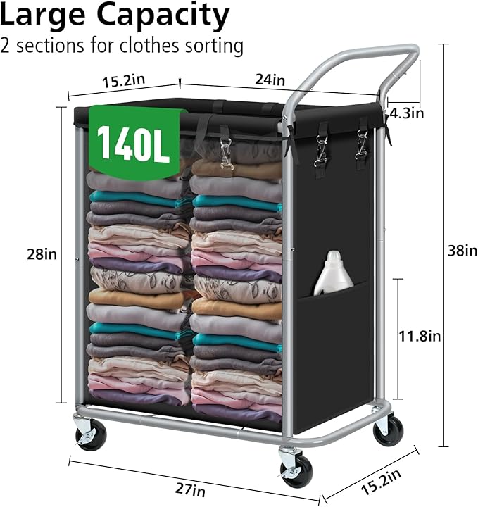 Laundry Hamper 2 Section, Rolling Laundry Basket with Wheels, Laundry Cart with Removable Liner, 37 Gallons (140L) Clothes Hamper, Blanket Dirty Clothes Basket Steel Frame with Handle(Black)