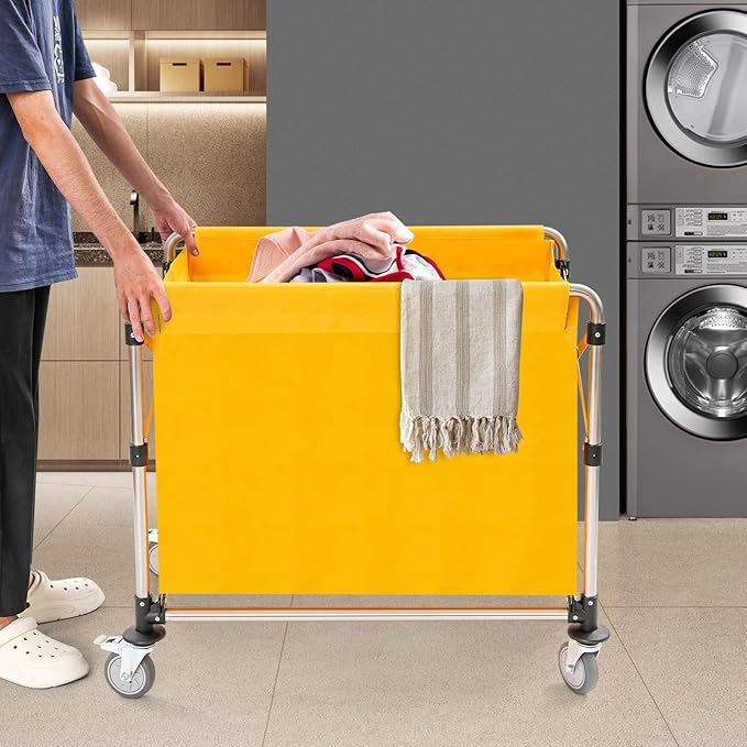 Commercial Laundry Cart with Wheels, 440lbs Folding Laundry Cart, Rolling Laundry Basket with Oxford Cloth Hamper, 34.25 * 20.47 * 30.7in for Home, Dorm, Hotel, and Commercial Use (Yellow)