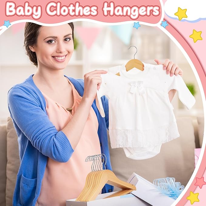 20 Pack Wooden Baby Hangers Wood Kids Hangers with Ring Clips for Closet Children Clothes Hangers with Pants Bar Shoulder Notches Swivel Hooks,12.5X 7.5 Inches