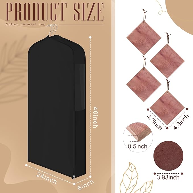 1 Set 40'' x 24'' x 6'' Short Cotton Garment Bags for Hanging Clothes and Storage, 4 Cedar Blocks for Fresh Smell and Moth Protection, Breathable Covers for Closet Suits Fur Coats Sweaters