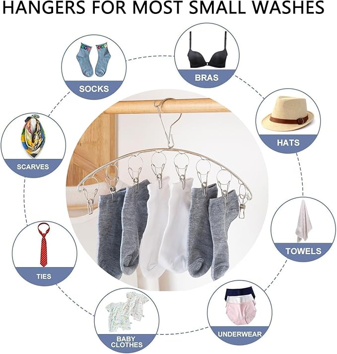 Stainless Steel Laundry Drying Rack Clothes Hanger with Windproof Hook,Underwear Hanger,Clothes Hangers with 8 Clips for Drying Socks,Diapers,Baby Clothes (3 Pack)