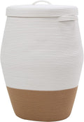 26"x20" Handcrafted Tall Cotton Rope Basket with Lid, Stylish Flagon Shape with Cover, Clothes Hamper with Top, for Bedroom and Living Room, White/Camel Bottom