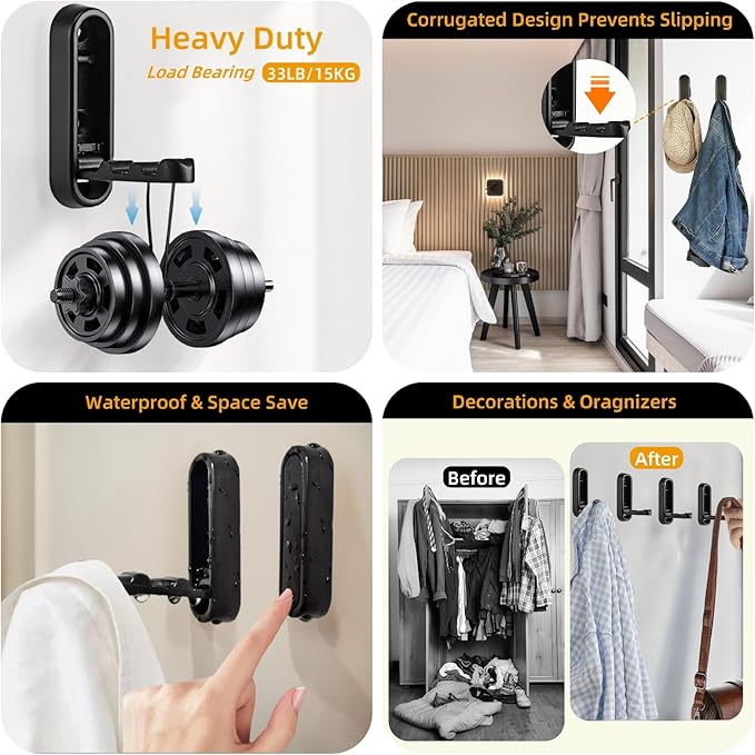 Zinc Alloy Foldable Wall Hooks for Hanging Coats Towels Bags, Wall Mounted Folding Hook Heavy Duty, Rustproof Matte Black Bathroom Hooks for Entryway Closet Bedroom Laundry Room （4PCS）