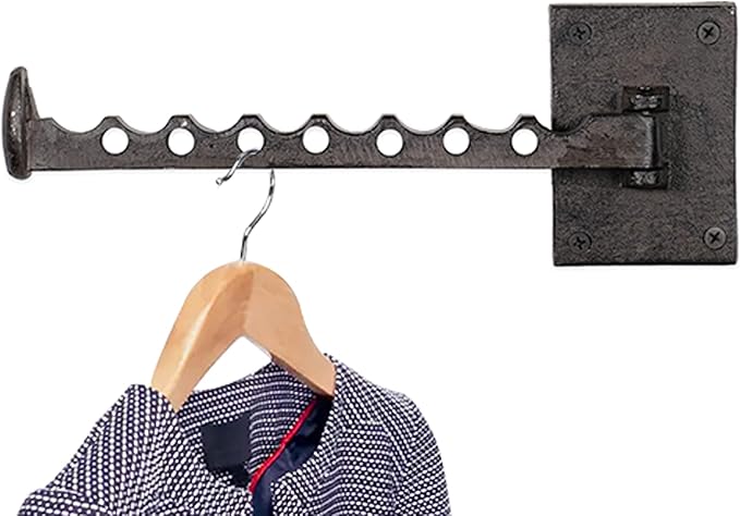 Rustic State Clout Cast Iron Clothes Hanger Folding Coat Rack Laundry Bar for Drying Clothes Farmhouse Design Wall Mount Organizer Hook for Closet Laundry Room Mudroom Entryway - Black