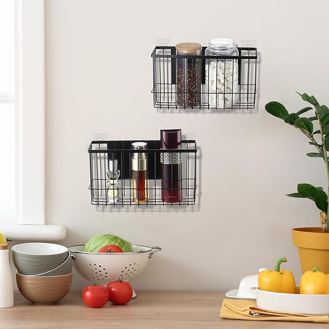 Menkxi 3 Pcs Magnetic or Adhesive Refrigerator Organizer Magnetic Baskets Kitchen Holder for Refrigerator Metal Shelf Rack Storage with 2 Types of Installation(Black)