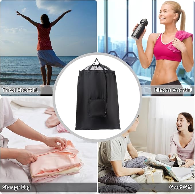 2 Packs Travel Laundry Bags, CLEADUS Foldable Dirty Clothes Bag 【Upgraded】 with Drawstring Mesh, Handles, and Carabiner, Portable, Suitable for Travel, Gym, Camping (Black+Gray)