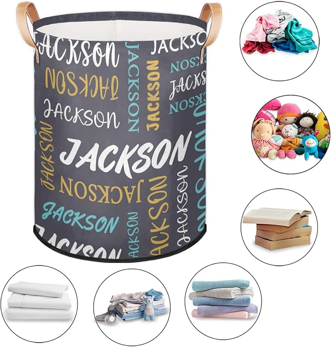 Custom Name Large Laundry-Basket for Kids-Boys-Girls, Personalized Foldable Waterproof Laundry Hamper Dirty Clothes Toys Storage Bin with Handles,Grey