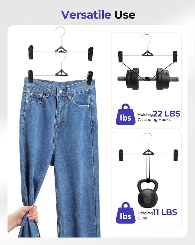 NORTHERN BROTHERS Pants Hangers with Clips 30 Pack Black - Stackable Space Saving - Non-Slip, Adjustable - Jeans Shorts Skirt Hanger with Clips for Man, Women, Kid, Children, Baby