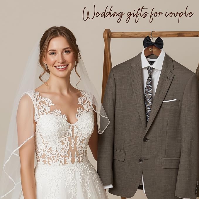2 Pack Bride Hangers, Wedding Hanger, Bridal Hanger, Wooden Bride and Groom Wedding Dress Hangers with Attached Bow Tie, Bridal Shower Gifts, Bridal Tuxedo Suit Wedding Gift for Couples