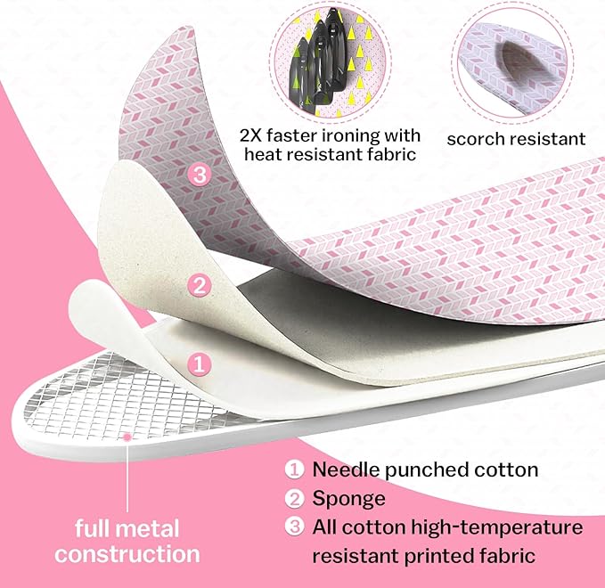 Wall Mounted Ironing Board Adjustable Height, 36 x 12 Inch Fold Away Iron Board Wall Mount Space-Saving Ironing Board with Removable Heat Resistant Cover for Small Spaces Home Laundry Room Pink