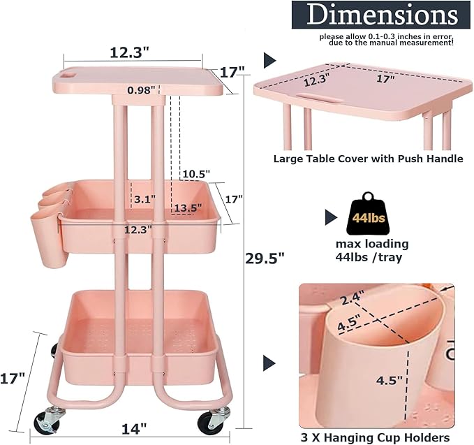 3 Tier Rolling Cart Pink Utility Cart with Table Top Multi-Functional Storage Trolley for Office, Living Room, Kitchen, Movable Storage Organizer on Wheels with Hanging Cups