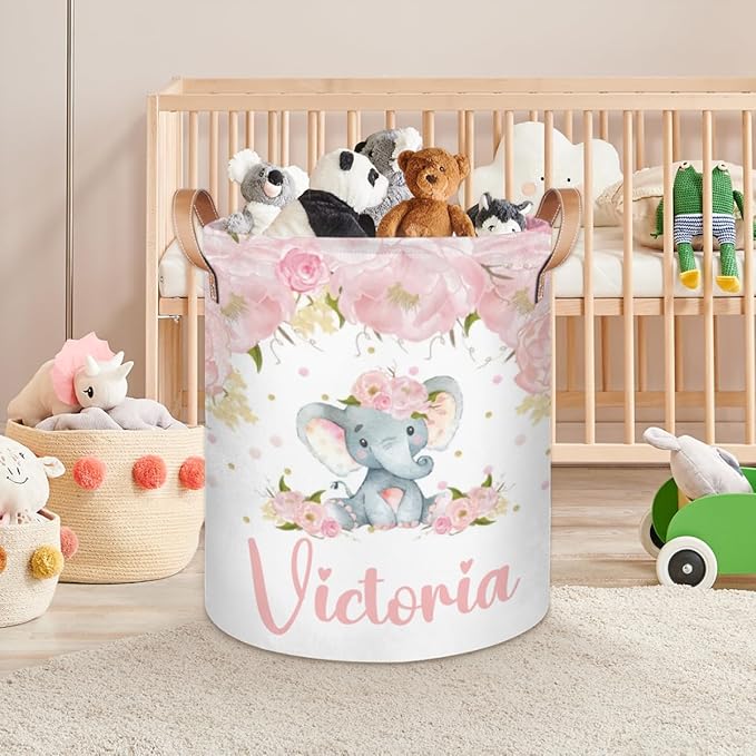 Personalized Laundry Basket, Custom Gift Laundry Hamper, Collapsible Nursery Waterproof Laundry Baskets, Dirty Clothes Toy Hamper with Handles Pink Floral Cute Elephant