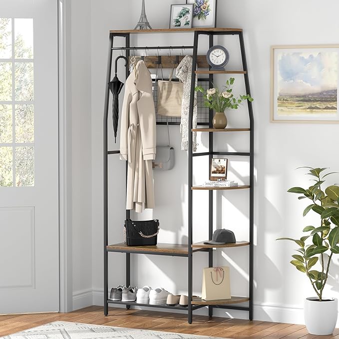 Giluta Coat Rack, 70" Hall Tree with Bench and Shoe Storage, Freestanding Entryway Coat Storage Rack with Hooks and Wooden Storage Shelves for Entryway, Living Room, Bedroom