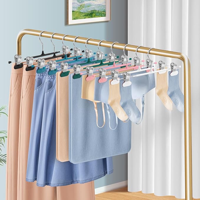Clothes Pants Hangers with Wide Clips 10 Pack,Non-Slip Adjustable Skirt Hanger for Women,Space-Saving Heavy Duty Men Hangers for Pants,Trousers,Jeans,Shorts 12Inch Blue