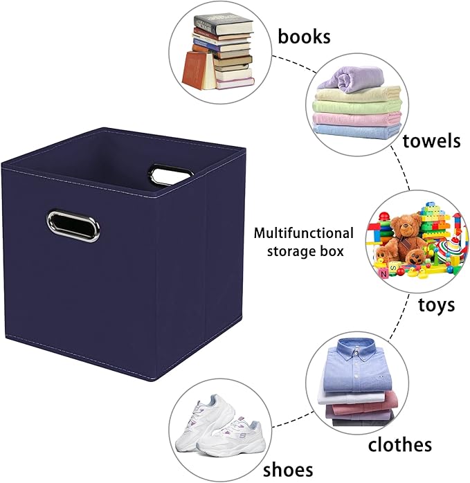 Navy Blue Fabric Storage Bins, 11x11x11, Set of 6, Foldable Cube Bins for Cloth or Accessory Storage