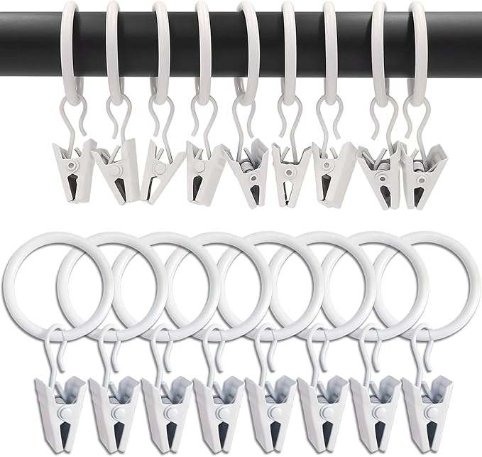 44 Pack White Curtain Rings with Clips, Curtain Hooks Hangers Clip Rings for Hanging Drapes Bows Hat, Drapery Rings 1 in I D, Fits up to 5/8 in Diameter Curtain Rod.