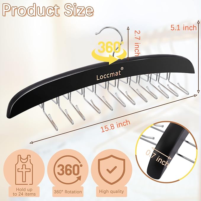 2Pcs Tank Top Hanger,Wood Bra Hanger with 24 Foldable Metal Hooks,360° Rotating Tank Hook,Tie Racks for Men Closet,Space Saving Closet Organizer for Tank Tops Bra Tie Belt Scarf Camisole,Black