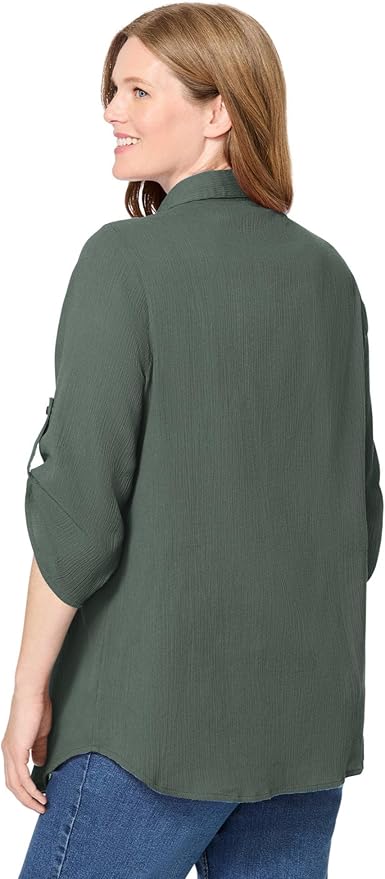 Woman Within Plus Size Pintucked Button Down Gauze Shirt